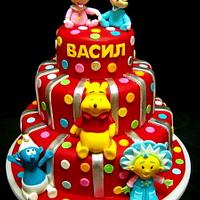 Red cake with cartoon characters