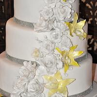 White Roses & Yellow Orchid Wedding Cake