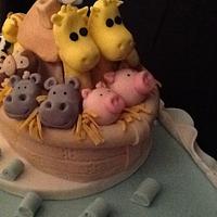 Noah's ark christening cake for twin boys