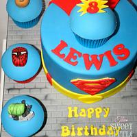 Superman cake and marvel hero cupcakes 