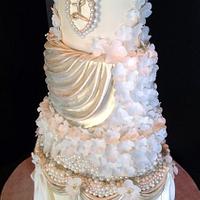 White, Ivory, and Champagne Pearls and Swags Wedding cake