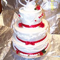Red Roses and Ribbons Three Tier Wedding Cake