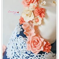 navy, ivory and coral wedding cake