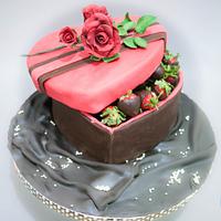 Heart Gift Box Cake with Chocolate Coated Strawberries 