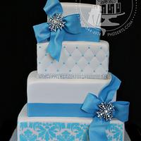 Blue, White, and Bling Damask Wedding Cake