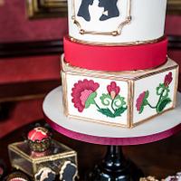 Art nouveau/deco style wedding cake with matching cupcakes and cookies