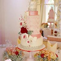 Romantic pink lace wedding cake