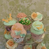 Vintage Spring meadow wedding cake and cupcakes