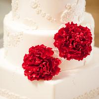 Sugar peonies lace wedding cake