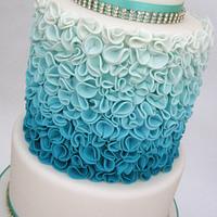 Turquoise Ombre Ruffle Style 3 Tier Wedding Cake