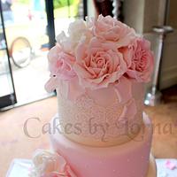 Ivory & Soft Pink Five Tier Roses Wedding Cake