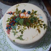 Hand painted cake -birds and berries