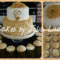 Golden Wedding Anniversary two tier ruffle cake with matching cupcakes