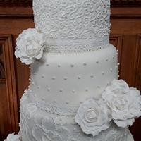 White lace and peony wedding cake