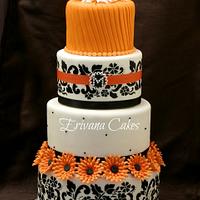Orange and Black damask wedding cake