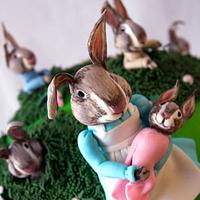 Bunny cake-Beatrix potter baby shower cake as featured in cake central magazine June 2013