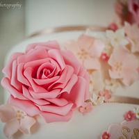 Coral Rose and Monogram Wedding Cake