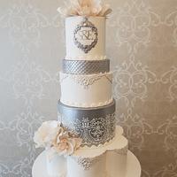 White & Silver wedding cake 
