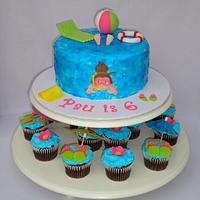 Swimming pool themed cake and cupcakes