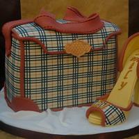 Burberry style handbag and high heel shoe