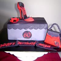 Shoebox Cake with sugar mini high heel & handbag