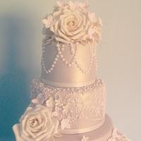 Vintage Lace, Pearls and Ivory Rose Wedding Cake 