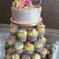 Wedding cupcake tower and top cake