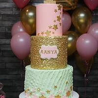 1st birthday 3 tiered cake, Mint green and Peach. 