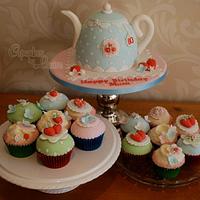 Cath Kidston style teapot cake and matching cupcakes