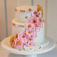 Cascading Fabric Flowers Wedding Cake