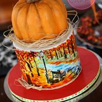 Pumpkin & Hand Painted Fall Scene Cake