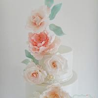 Pink Peony & Roses Wedding Cake