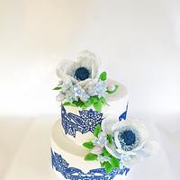 Navy blue and white anemone wedding cake
