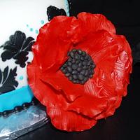 Damask with turquoise accent and Red Flowers