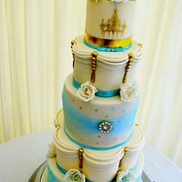 5 tier ivory, gold and tiffany blue wedding cake