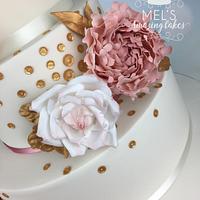 Roses,peonies and gold sequins wedding cake 
