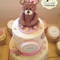 Vintage Cub Teddy Bear Christening Cake with matching cupcakes