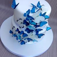 Blue butterfly wedding cake