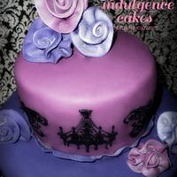 Purple and Damask Ribbon Rose Cake