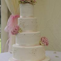 Peony and hydrangea wedding cake