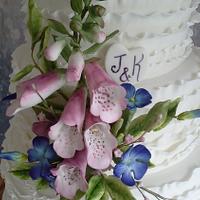 foxgloves and periwinkle wedding cake