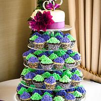 Purple and Green Cupcake Tower with Cutting Cake