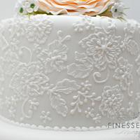 Customised lace wedding cake with cats and david austin rose