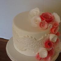 Bridal Shower Cake - Wafer Paper Rolled Roses in different shades of pink. 