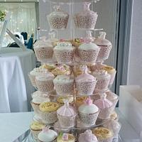 Rose and Orchid Cupcake Wedding Cake