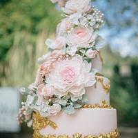 Blush and Gold Sugar Flower Wedding Cake