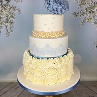 Dusky blue peony wedding cake 