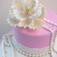 Pink Cake with pearls , lace and peony