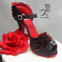 Edible Two Toned Ruffled Stiletto with Rose, Stripes & Pleated Ribbon