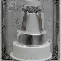 Silver Leaf & crystal detail wedding cake